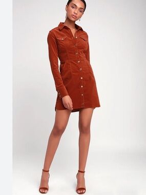Free People Dynomite Corduroy Button-Front Mini Dress In Burnt Orange